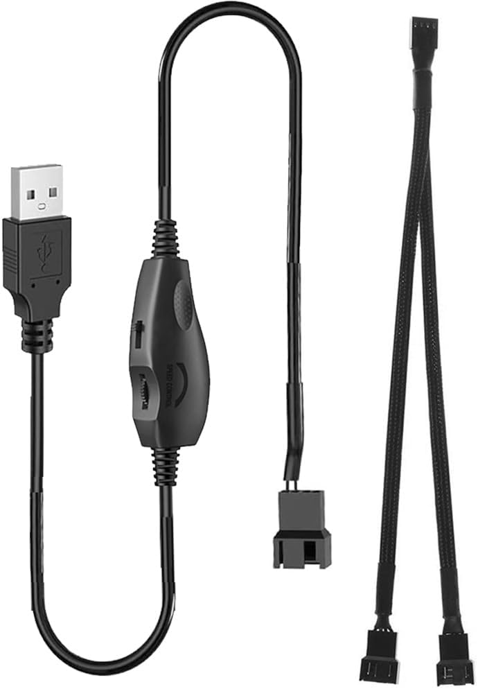 12V Voltage Step-Up USB to 3-Pin and 4-Pin PC Fan Sleeved Power Adapter Cable+Splitter Cable 1 to 2 with Switch and Speed Regulator