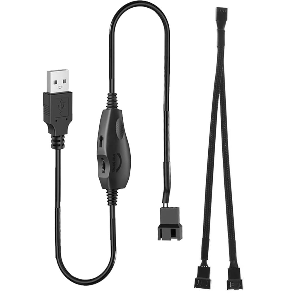 Gebildet 12V Voltage Step-Up USB to 3-Pin and 4-Pin PC Fan Sleeved Power Adapter Cable+Splitter Cable 1 to 2 with Switch and Speed Regulator