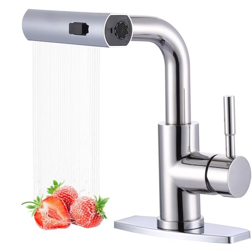 Bar Sink Faucet Single Hole - for Bar Small Kitchen Bathroom Faucets with cUPC Supply Lines, 3 Water Modes Wet Bar Faucets 360 Swivel Prep Sink Faucet with Pull Out Sprayer, Chrome