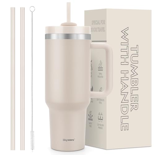 40 oz Tumbler with Handle and Straw, 2 in 1 Lid, Vacuum Insulated Stainless Steel Double Wall Water Bottle Travel Mug - Holiday Gifts for Women Men - Rose Quartz