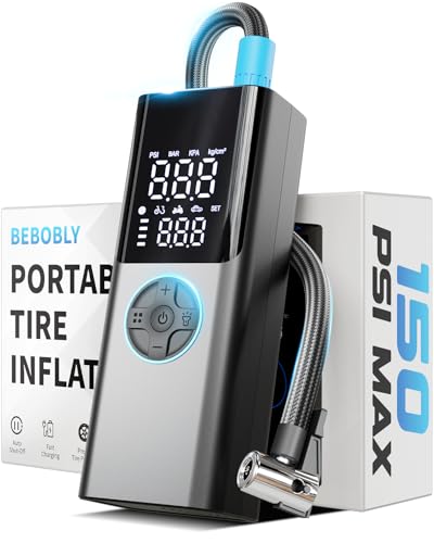 Tire Inflator Portable Air Compressor - 4X Faster & 150PSI Tire Pump For Car Moto Bike Ball - Auto Shut-Off - Fast Charge Power Bank - LED Night Light - Elderly Friendly
