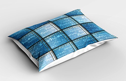 Lunarable Blue Pillow Sham, Double Exposure Jean Pattern On Denim Color Backdrop With Regular Lettering Image Print, Decorative Standard King Size Printed Pillowcase, 36" X 20", Blue #TOP28