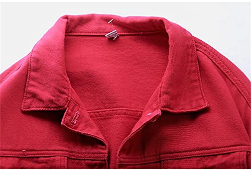 WSLCN Jaqueta jeans feminina de manga comprida estilo boyfriend, Vermelho, GG