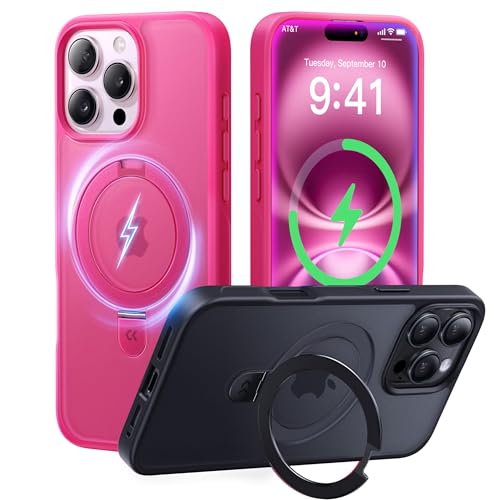 Image of CASEKOO Ultra-Magnetic Stand for iPhone 16 Pro Case, Shockproof, Hot Pink | [Military Drop Protection] [Compatible with MagSafe] Translucent Matte Slim Ring Holder Case for iPhone 16 Pro 6.3 Inch