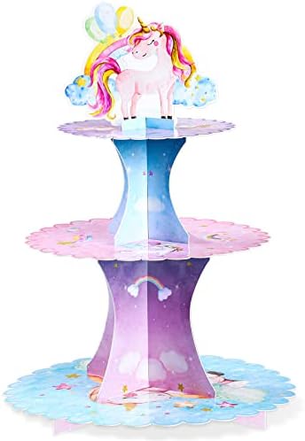 3 Tier Unicorn Cupcake Stand Watercolor Unicorn Cardboard Cupcake Holder Pink Girl Party Dessert Tower Rainbow Treat Stand for Kids Unicorn Birthday Decor Baby Shower Family Gathering Supplies