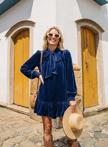 Dokotoo Casual Dresses for Womens 2026 Summer Fall Long Sleeve Mini Dress Tie Neck Ruffle Hem Loose Shift Dress for Vacation Babydoll Wedding Dress Velvet Beach Navy Dress Fashion Clothes Outfits L — view 5