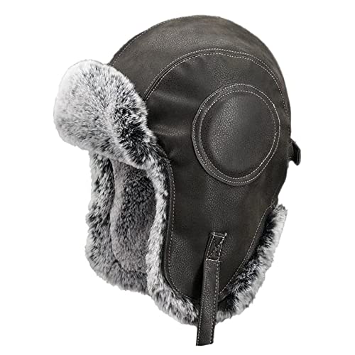 WDSOPK Gorra de Aviador Unisex de Cuero, Gorra de piloto, Gorra de Caza de Invierno con Orejeras, Gorra cálida a Prueba de Viento, marrón, 56-58 cm (Negro 59)