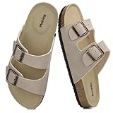 Mnking Sandalias Mules Mujer Hombre Verano Plana Hebilla Punta Abierta Sandalias de Pala Retro Cómodo Piel de Ante Pantuflas de Corcho Antideslizantes Zapatillas Planas Piedra EU39