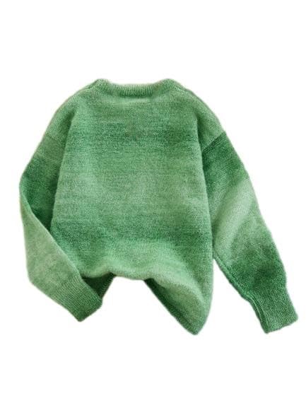 Girls Green Gradient Sweater Furry Knitted Pullover Long Sleeve Sweater Suitable for 8-12 Years