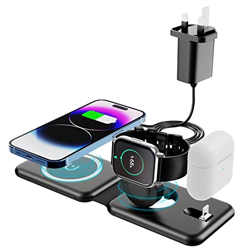 Qoosea 3 In 1 Magnetic Wireless Charger 15W Fast Magnetic Foldable Wireless Charging Station Compatible with iPhone 14/13/12/11/XS/X/8 Series, iWatch Series, AirPods Pro/3/2 Black
