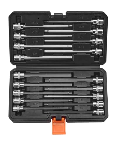 VEVOR Set di Chiavi a Bussola Esagonali Lunghe per Meccanici 18 Pezzi Attacco da 3/8 pollice in Acciaio Legato S2 Acciaio Cr-V, Standard SAE e Metrico da 1/8 pollice a 3/8 di pollice, 3-12 mm