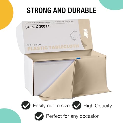 Image of Exquisite Party Solids 54 Inch X 300 Feet Ivory Plastic Table Cover Roll in A Cut - to - Size Box with Convenient Slide Cutter. Cuts Up to 36 Rectangle 8 Feet Plastic Disposable Tablecloths