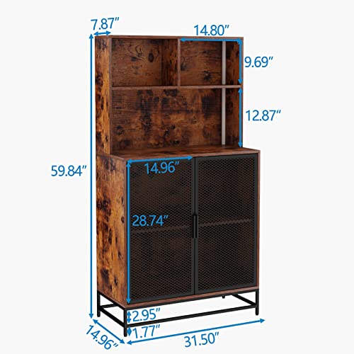 Auromie Wine Bar Cabinet With Led Lights, 4-Tier Coffee Bar Cabinets With Storage Shelves, Industrial Kitchen Storage Cabinet With Wine Rack, Freestanding Liquor Cabinet With Glass Holder, Rustic #TOP1