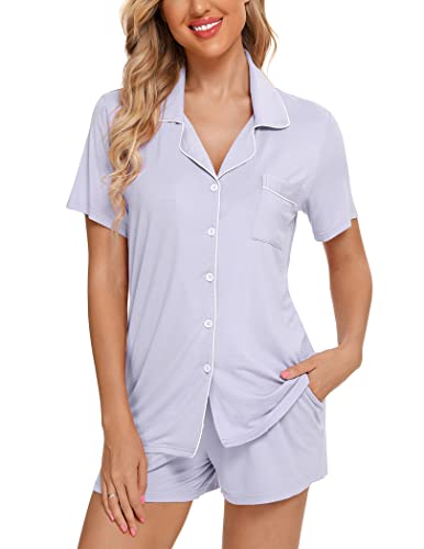 Image of Pjmlifecoco Women's Modal Pajama Set Short Sleeve Button Down Two Piece Soft Sleepwear with Shorts Loungewear S-XXL