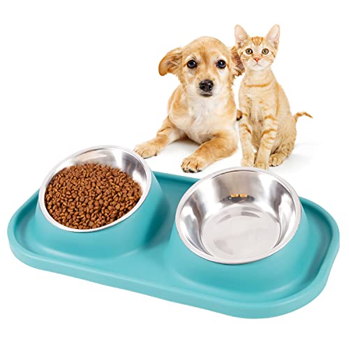 Dog Bowls for Small Dogs & Cats, Pet Dog Bowl with Stainless Steel Dog Bowl Non Slip 15 Degree Tilted Raised Small Cat Double Dog Bowls Puppy Kitty Food and Water Feeding Bowl (Green)