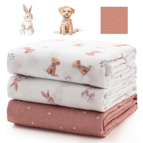 Image of Momcozy Muslin Best Wishes Swaddle Blankets, Ultra Soft Neutral Registry Essentials, Starlit Paws & Bunny Hops, Breathable Large 47'' x 47'' Newborn Boys Girls Receiving Blanket