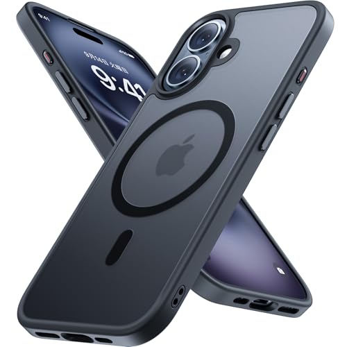 Miracase iphone 16 ケース【Magsafe対応・MIL米軍規格】あいふおん16ケース 6.1インチ、 耐衝撃、傷防止、落下耐性、指紋防止、黄ばみ防止、ストラップホール付き、薄くて肌に優しいデザイン、厚さ2 mm、金属ボタン、マット、フロスト、半透明、黒