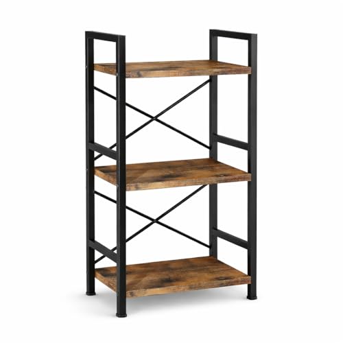 Black three-tier Orchidleaf bookshelf with metal frame and X-shaped back support — low profile that clears a window sill