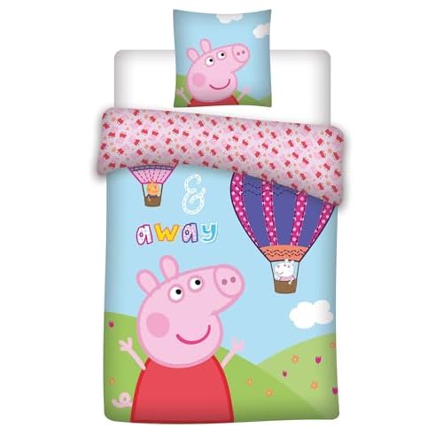 037 Peppa Wutz Bettwäsche, Peppa Pig und der Luftballon, Kissenbezug, 2 Stück , 100x140 + 40x45cm Bettbezug 100% Baumwolle Oeko-TEX