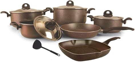 Trueval Granite Plus – 11-Piece Green Granite Cookware Set (Includes: 16cm, 20cm, 22cm, 26cm Pots – 22cm Frypan – 28cm Grill Pan – 3 Cooking Utensils)
