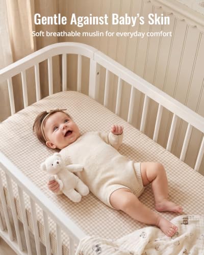 Image of Blissful Diary Muslin Mini Crib Sheets, 2 Pack, Beige Gingham&Brown Gingham | fitted for pack n play, soft and breathable cotton, boho style, easy care for machine wash, gifts for boys and girls