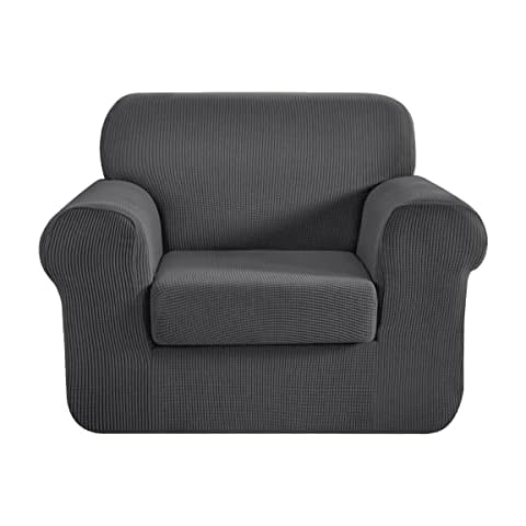 CHUN YI Stretch Armchair Sofa Slipcover 2 Piece Sofa Cover, 1 Seater Chair Slipcover Coat Soft Washable Furniture Covers with Elastic Bottom, Checks Spandex Jacquard Fabric, Small, Light Gray Cover
