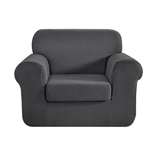 CHUN YI Stretch Armchair Sofa Slipcover 2 Piece Sofa Cover, 1 Seater Chair Slipcover Coat Soft Washable Furniture Covers with Elastic Bottom, Checks Spandex Jacquard Fabric, Small, Light Gray