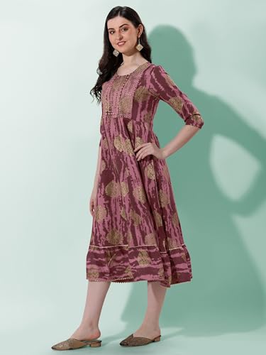 Image of MIRCHI FASHION Women's Cotton Relaxed Fit A Line Sequins Embroidery Work Foil Printed A-Line Kurti Only