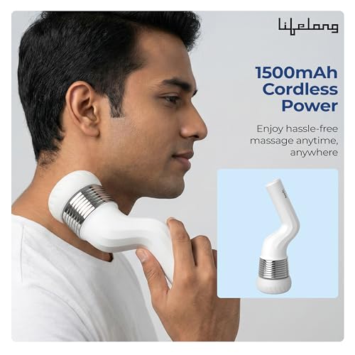 Image of Lifelong Flathead Cordless Massager | Rechargeable Body Massager for Pain Relief | 4 Heads for Targeted Therapy | 6 Speed Levels | Full Body Electric Percussion Massager for Adults & Children | White