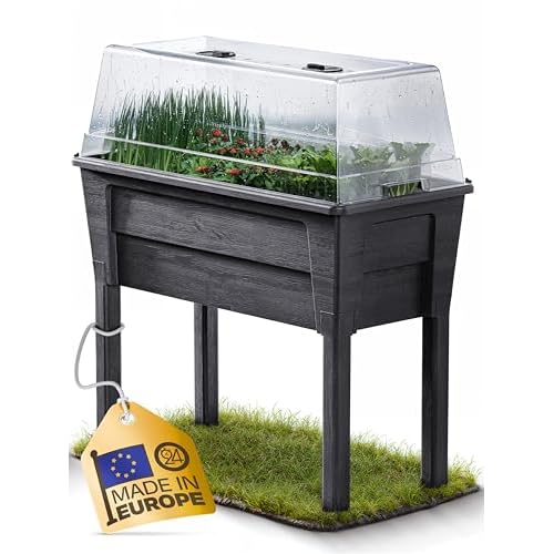 Ondis24 Garten Hochbeet Blumenkübel Victoria für Balkon, Pflanzkasten mit Gewächshaus, Volumen 50 L, Wasserspeicher, Tröpfchenbewässerung, abnehmbare Füße, Outdoor geeignet (Anthrazit)