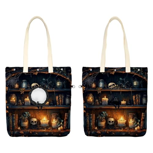 Pet Canvas Shoulder Bag Soft-Sided,Dog Purse Carrier for Small Dogs and Cats, Portable Pet Handbag with Adjustable Hole, Pet Washable Travel Tote Bag,Magic Bookshelf Skull 16.7''x15.8''