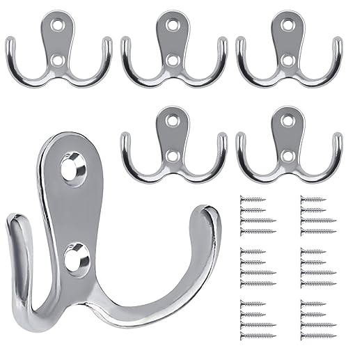 Bolatus 6 Stück Kleiderhaken, Haken Garderobe Doppelt Wandhaken Retro Haken Wand Metall Silber Kleiderhaken Vintage mit 24 Schrauben für Garderobenhaken Badezimmer Küche