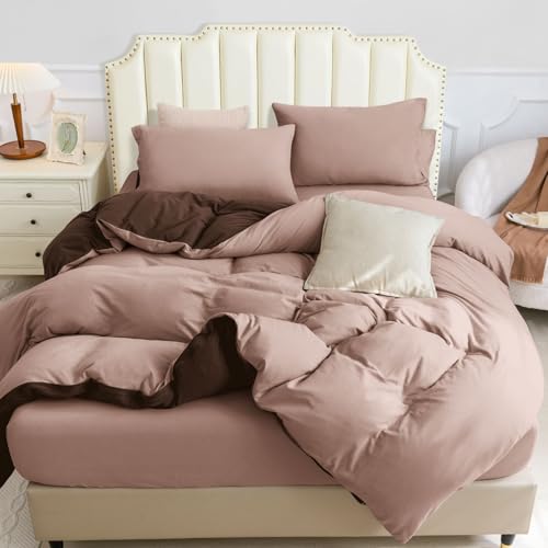 PURE ERA Jersey Knit Sheet Set Solid Petal Pink-Dark Brown Queen