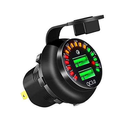 Dual USB 3.0 Quick Charge with 12V LED DC Digital Display Voltmeter,Aluminum IP66 Waterproof QC3.0 Car Charger Power Adapter Outlet for Car Motorcycle Boat Marine Scooter RV Golf Cart DIY Kit