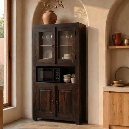 Image of SONA ART & CRAFTS Sheesham Wooden Crockery Cabinets with Glass Door | Wooden Book Shelf Cabinet with Storage Rack for Home & Office Living Room (Walnut Brown)