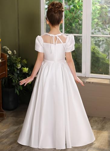 Flower Girl Dresses for Wedding Satin Short Sleeves First Communion Dress with Bow2