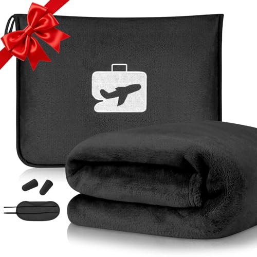 flintronic Manta y almohada de viaje, manta de avión 2 en 1 con máscara de ojos y tapones para los oídos, mantas de oficina compactas, almohada ligera y portátil para adultos, niños, vuelos largos y