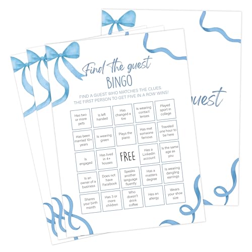 Blue Bow Baby Shower Games, Blue Find The Guest Bingo Game for 30 Guests with Game Cards, Gender Reveal, Baby Shower Supplies & Decorations (DV10)