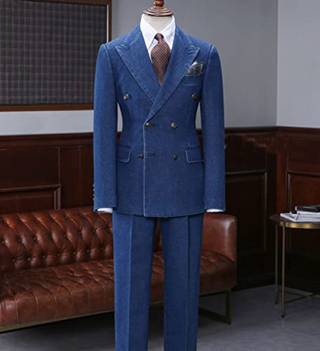 HZUOU Men's Fashion Denim Suits Slim Fit 2 Pieces Double-Breasted Peak Lapel Casual Daily Wear Party Suits HZ032