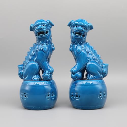 Eastern tide Lot de 2 statues de lion gardien en céramique - Chiens Fu sur base de tambour (bleu)