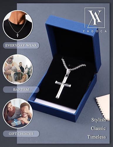 YADOCA 925 Sterling Silver Cross Necklace for Men - 3mm Stainless Steel Box Chain Silver Cross Chains Beveled Edge Crucifix Cross Pendant Necklace Jewelry for Women Mens 16-24 Inches2