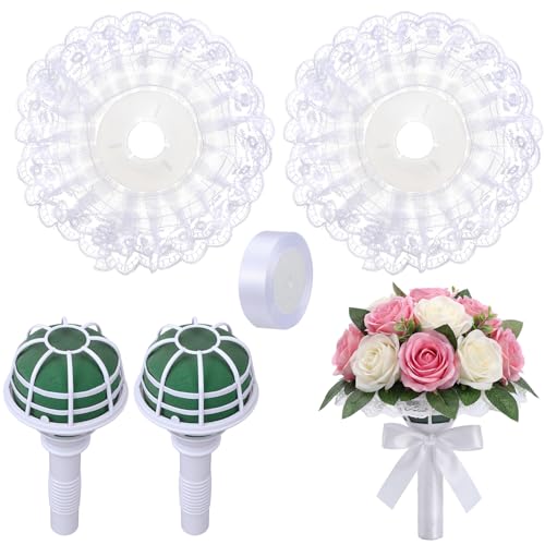 Ferrochef 2 Set White Lace Handle Bouquet Holder Foam Floral Handle Wedding Bridal Bouquet Holder DIY with 1 inch White Satin Ribbon for Bride & Bridesmaid Fresh & Artificial Flower Arrangements