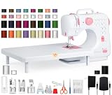 Portable Sewing Machine for Beginners, Small, Easy to Use, Extension Table, 12 Built-In Stitches, Reverse Sewing, LED Light and 32 Color Thread Set for Home Repairs, Crafts, Adults and Kids, BlushPink