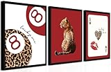 Framed Trendy Leopard Wall Art Set of 3, Red Funky Preppy Cheetah Wall Decor Paintings, Lucky 8 Aesthetic Room Decor Prints Pictures for Girls Bedroom Apartment Dorm 12x16 Inch Black Frame