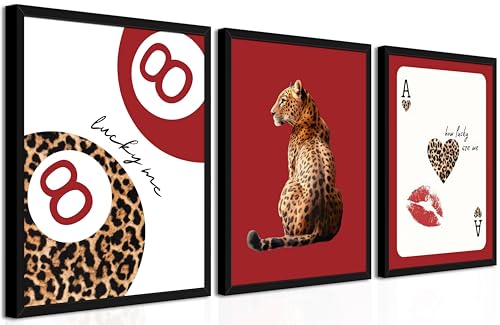 Framed Trendy Leopard Wall Art Set of 3, Red Funky Preppy Cheetah Wall Decor Paintings, Lucky 8 Aesthetic Room Decor Prints Pictures for Girls Bedroom Apartment Dorm 12x16 Inch Black Frame by Tmvosn - Used condition - US$36.03