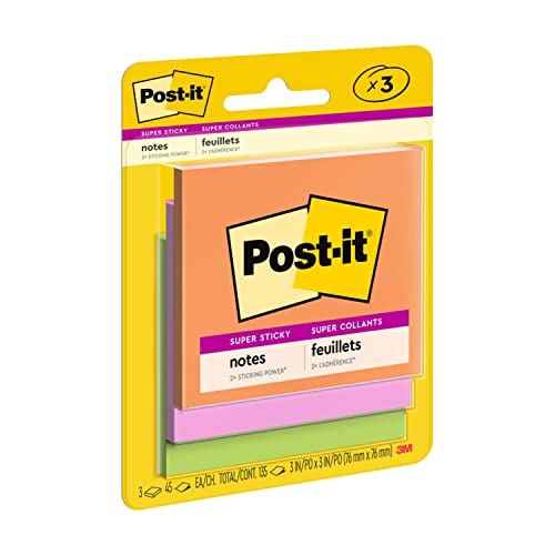 Post-It Super Sticky Notes, 3X3 In, 3 Pads, 2X The Sticking Power, Bright Colors (Orange, Pink, Green), Recyclable (3321-Ssau) #TOP4