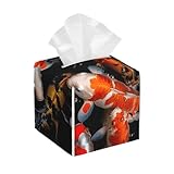 Tissue Box Cover Square Tissues Cube Boxes PU Leather Tissue Holder Japan Fancy Koi Carp Fishes Tissue Box Facial Tissues Case Decorative Paper Organizer Dispenser for Bathroom Bedroom Office