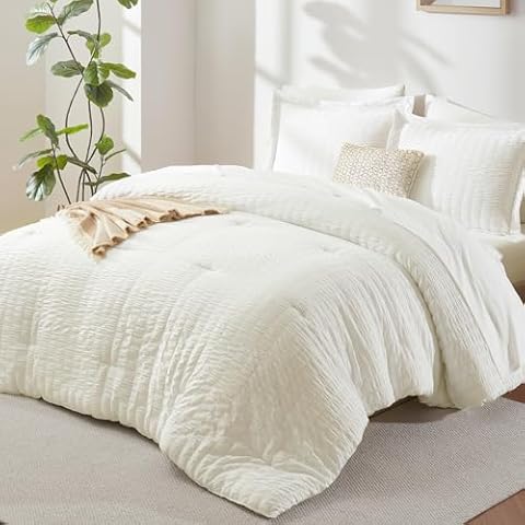 CozyLux Queen Comforter Set Ivory Seersucker 7 Pieces Bed Cover