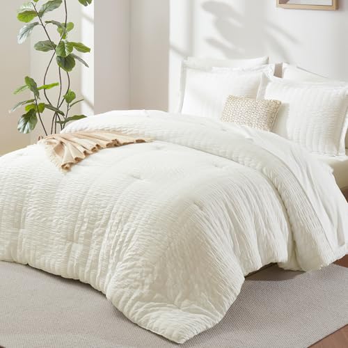 CozyLux Queen Comforter Set Ivory Seersucker 7 Pieces Bed in a Bag Queen Comforter Set with Sheets, Luxury Soft Bedding Set with Down Alternative Comforter, Sheets, Pillowcases & Shams for All Seasons