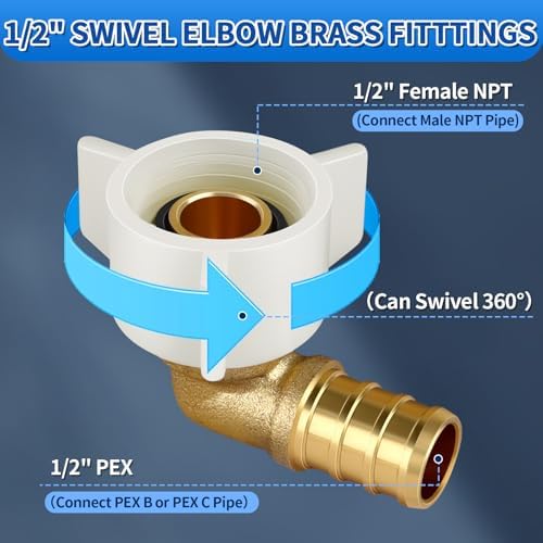 Boltigen 2팩 1.3cm(1/2인치) PEX 회전 팔꿈치 수도꼭지 커넥터, 1.3cm(1/2인치) 암 NPT 90도 NPSM 어댑터, RV 캠퍼 수도관 및 가정 배관용 스테인리스 스틸 PEX 클램프가 있는 무연 황동 피팅 — 사진 2